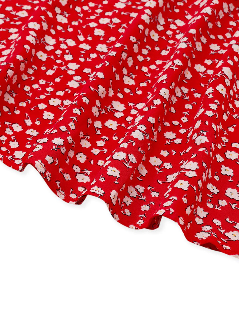 Rot 1960er Kleine Blumen Schnürung Mini Kleid