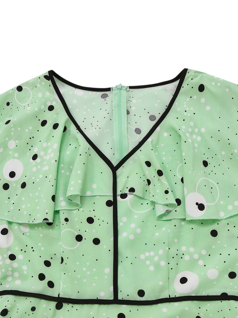 1940er Irregulär Punkte V-Ausschnitt Rüschen Kleid