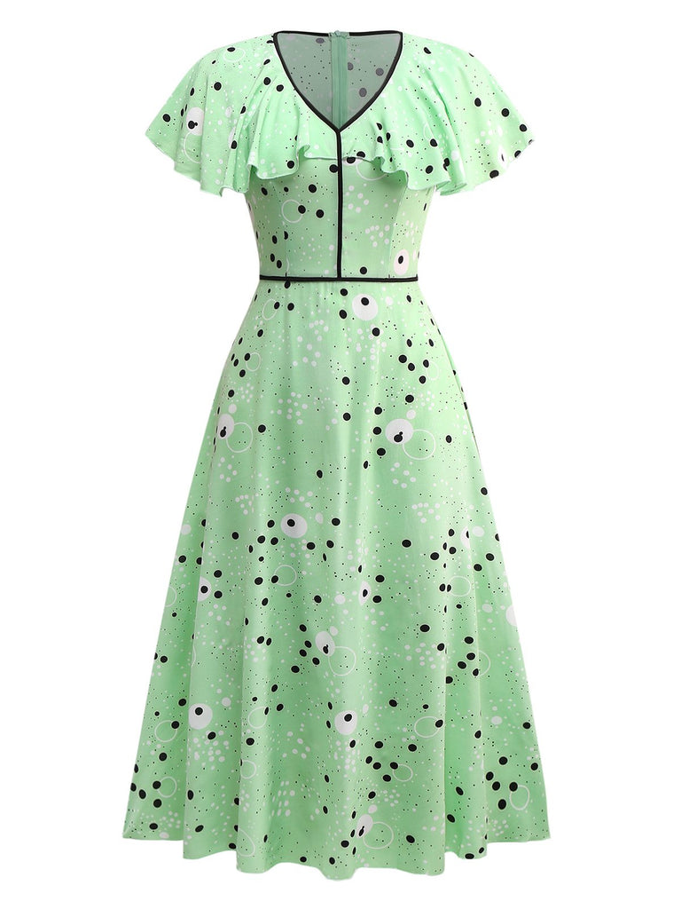 1940er Irregulär Punkte V-Ausschnitt Rüschen Kleid