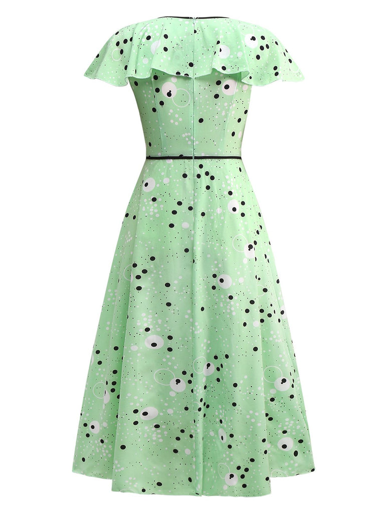 1940er Irregulär Punkte V-Ausschnitt Rüschen Kleid