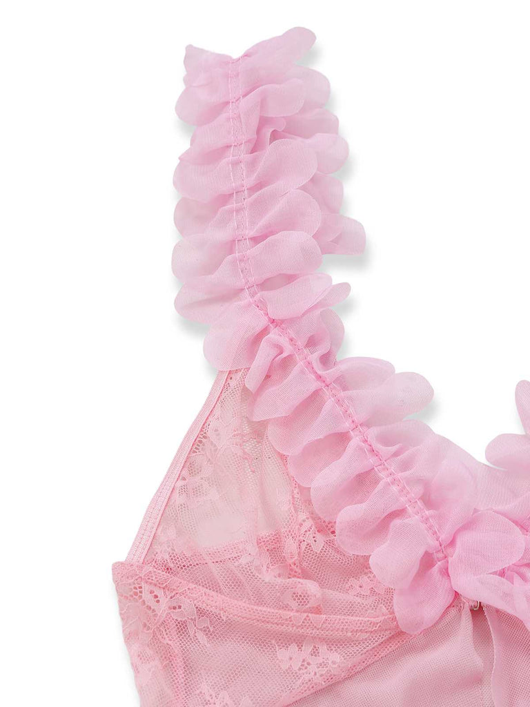 Rosa 1930er 3D Blumen Durchsichtig Netz Spitze Dessous Set