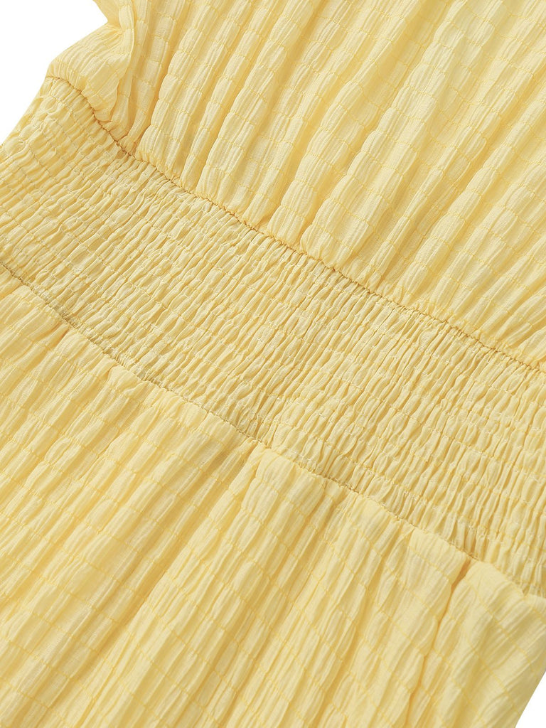 Gelb 1940er Puffärmel Durchgeknöpft Midi Kleid