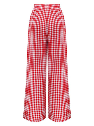 Rot 1980er Gingham Plaid Weites Bein Hose
