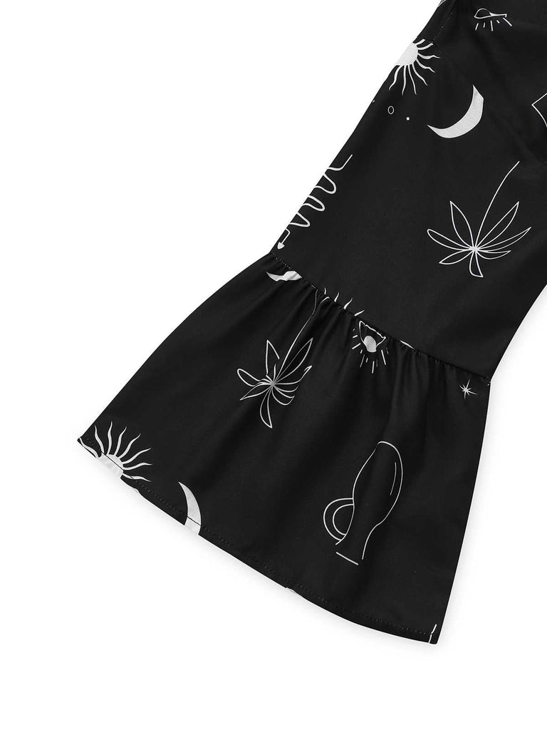 Schwarz 1970er Sonne & Mond Ausgestellte Ärmel Hemd Kleid