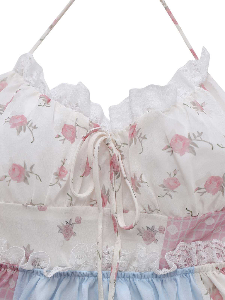 1970er Halter Boho Blumen Spitze Maxi Kleid