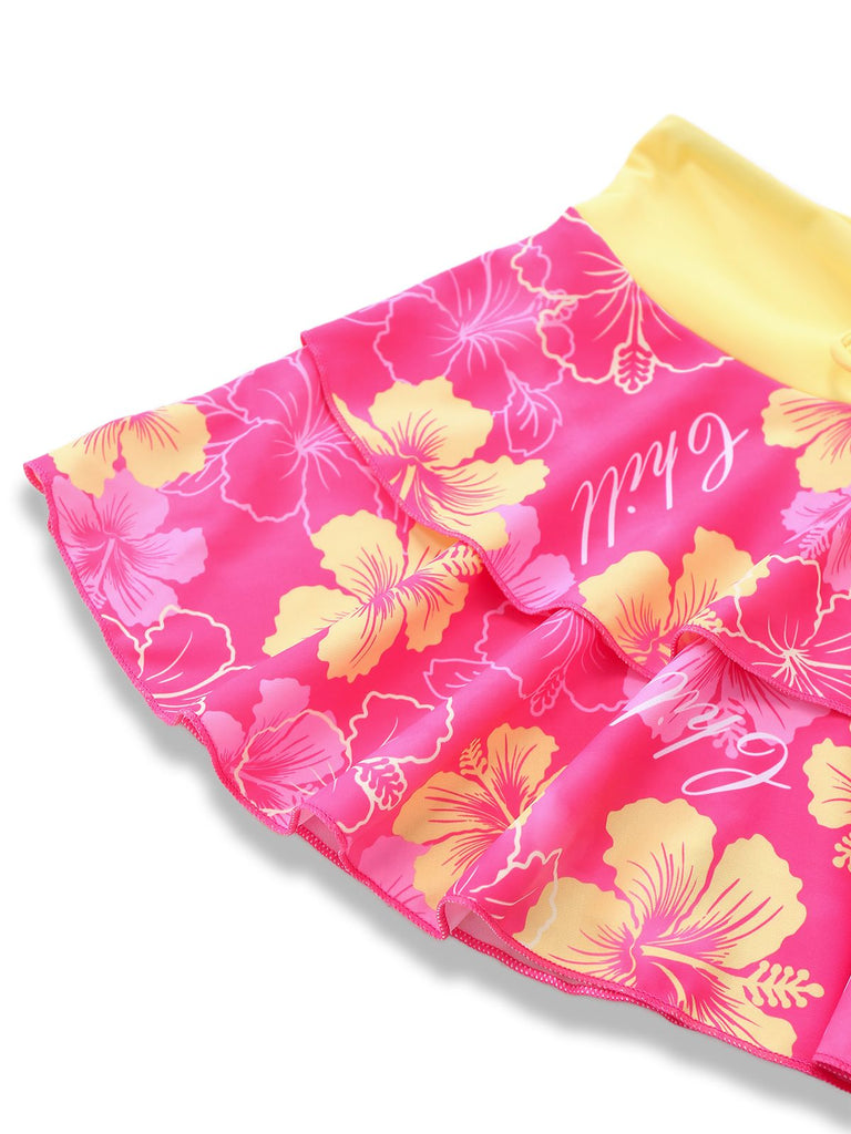 Rosa 1960er Blumen Druck Bindefront Geschichtet Bikini Set