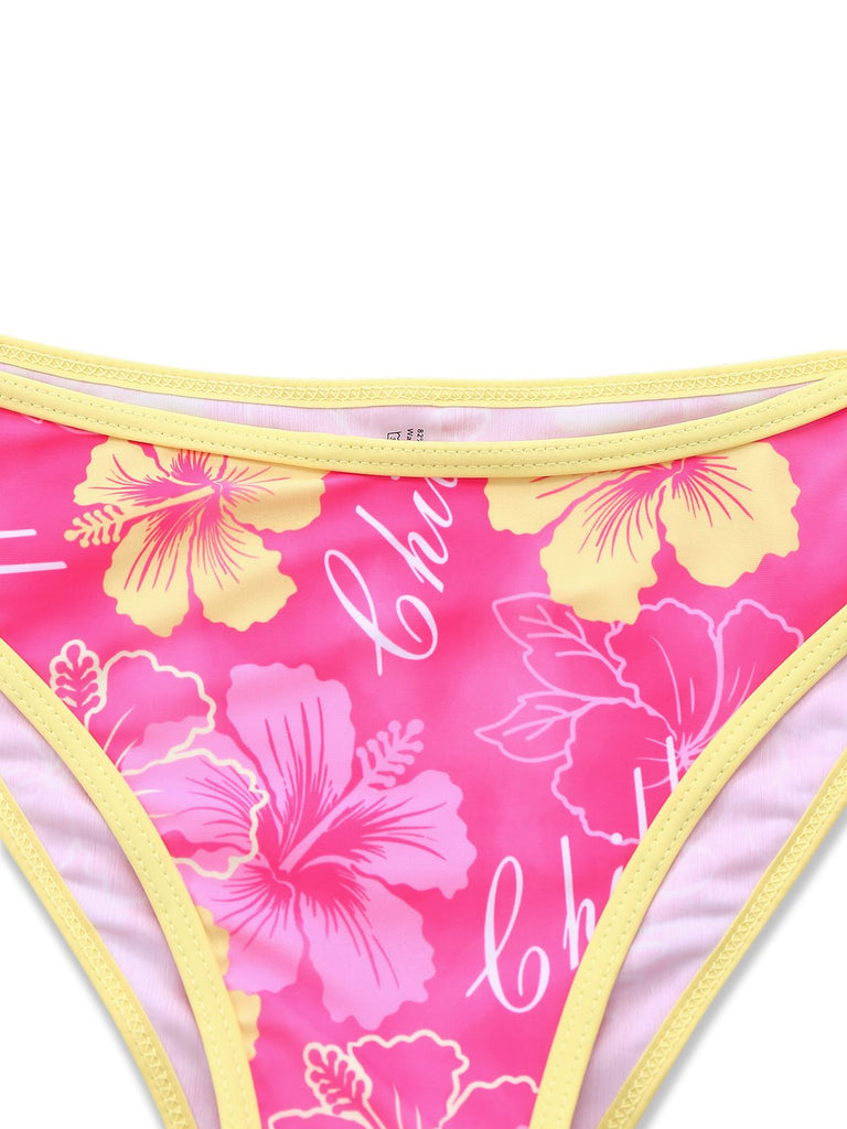 Rosa 1960er Blumen Druck Bindefront Geschichtet Bikini Set