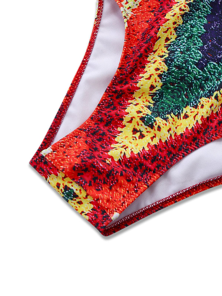 1960er Regenbogen Cutout Riemchen Kunst-Häkel Einteilig Badeanzug