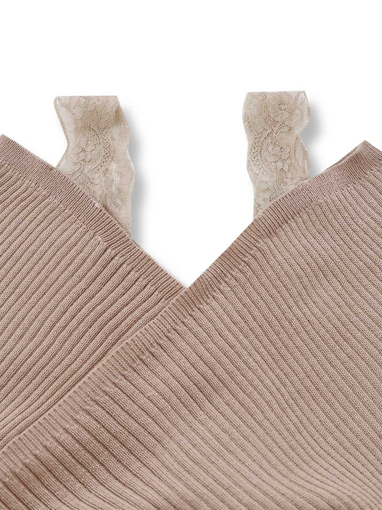 Khaki 1960er Schulterfrei Spitze Schlitz Gestrickt Kleid