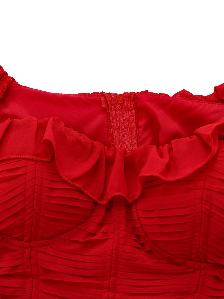 1950er Rüschen Gestuft Schulterfrei Maxi Kleid