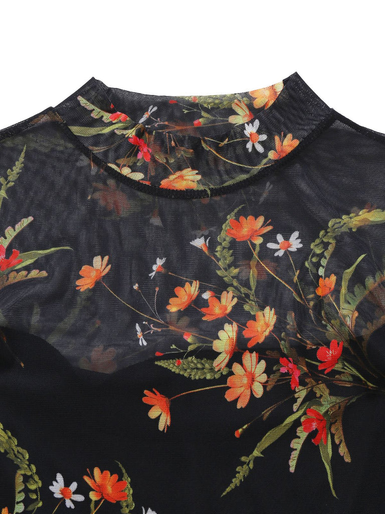 Schwarz 1930er Blumen Netz Rüsche Midi Kleid