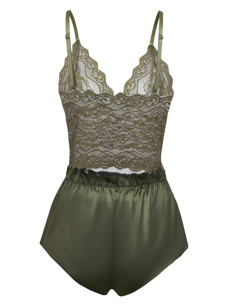 Grün 1950er Solide Spitze & Satin Pyjama Set
