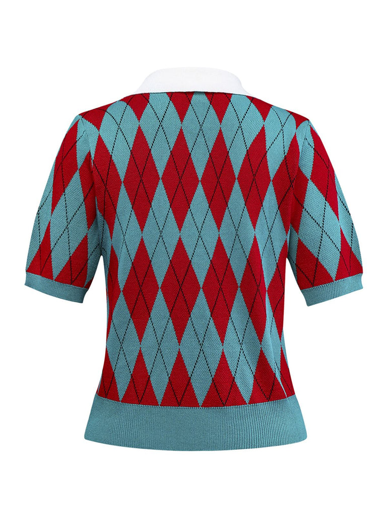 1930er Revers Farbblock Diamant Raster Pullover