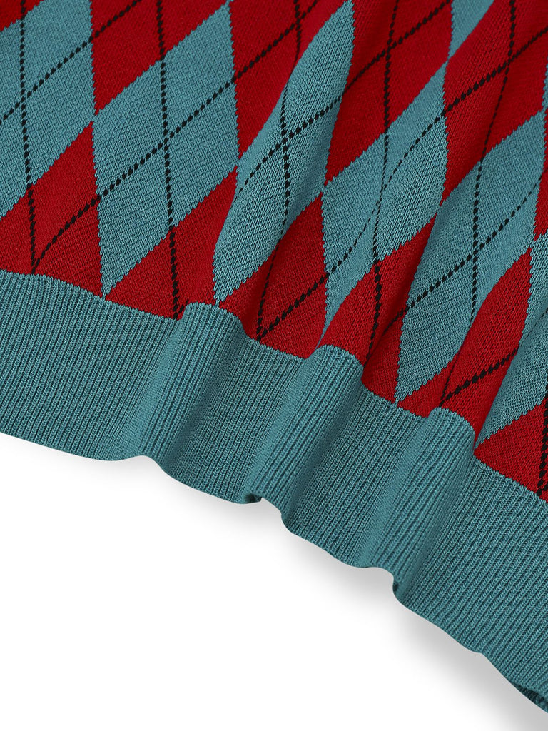 1930er Revers Farbblock Diamant Raster Pullover