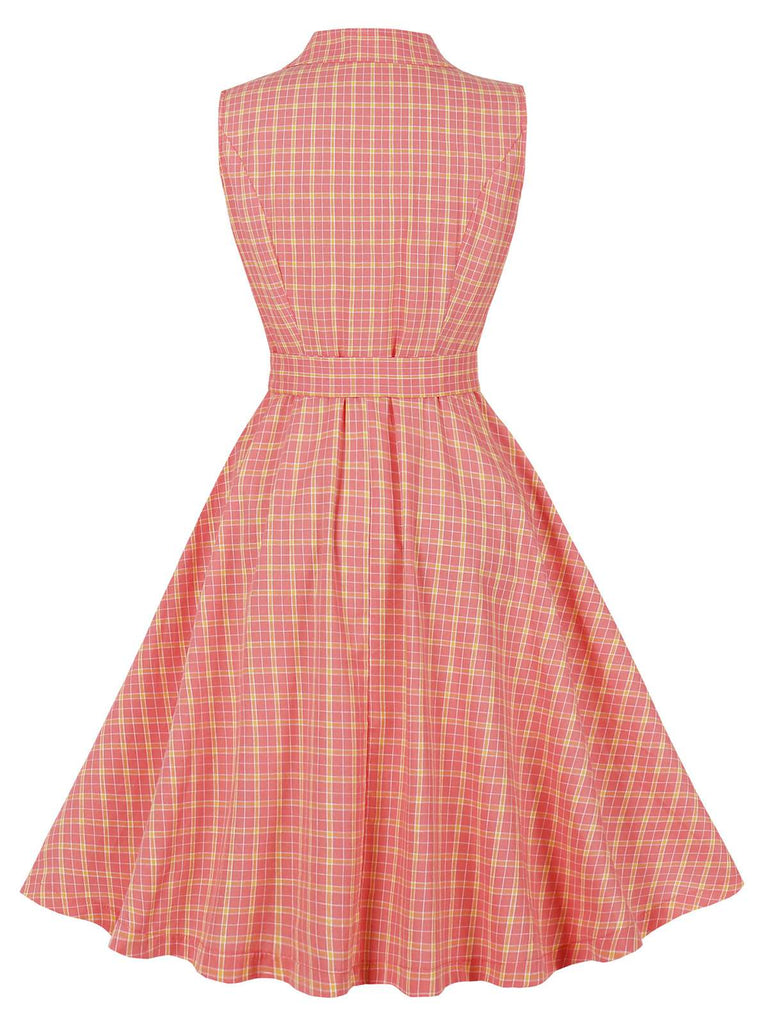 Rosa 1950er Plaid Geknöpftes Revers Gürtel Kleid