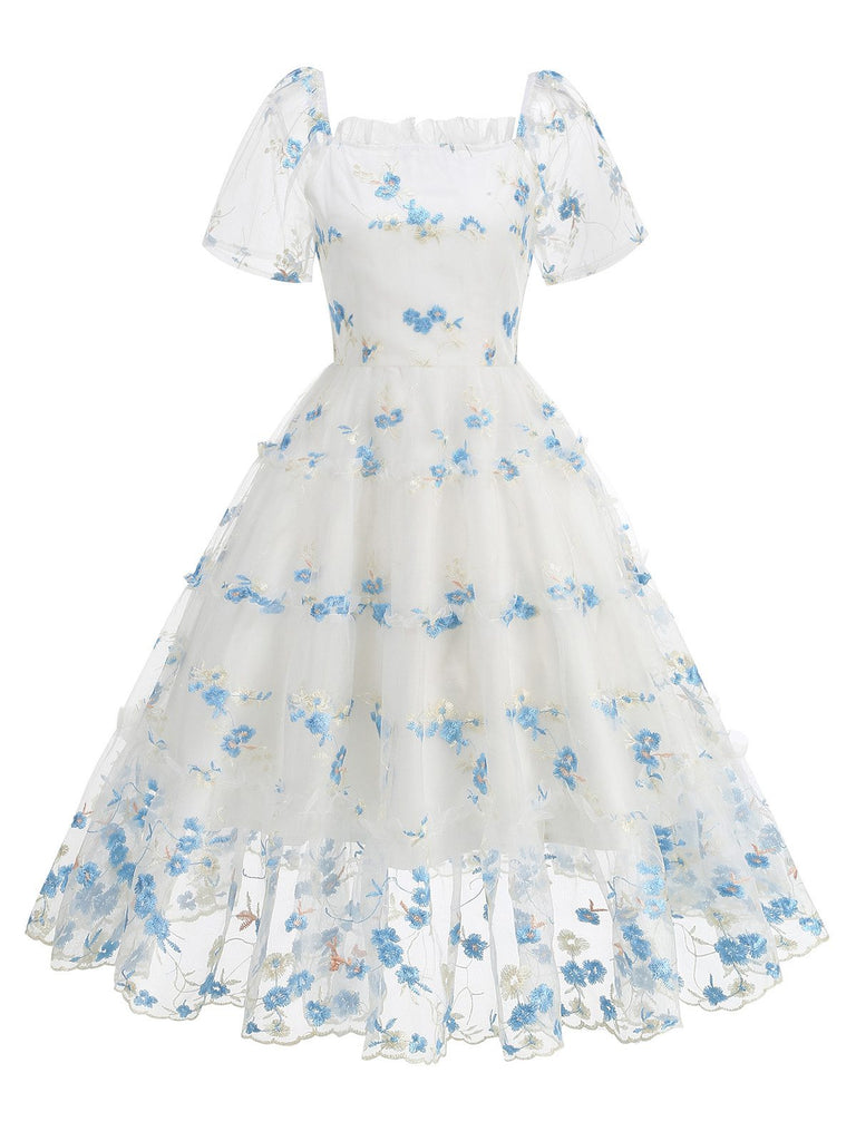 1950er Stickerei Blumen Netz Puffärmel Kleid