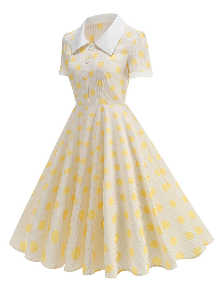 Beige 1950er Polka Dots Revers Tasten Kleid