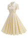 Beige 1950er Polka Dots Revers Tasten Kleid
