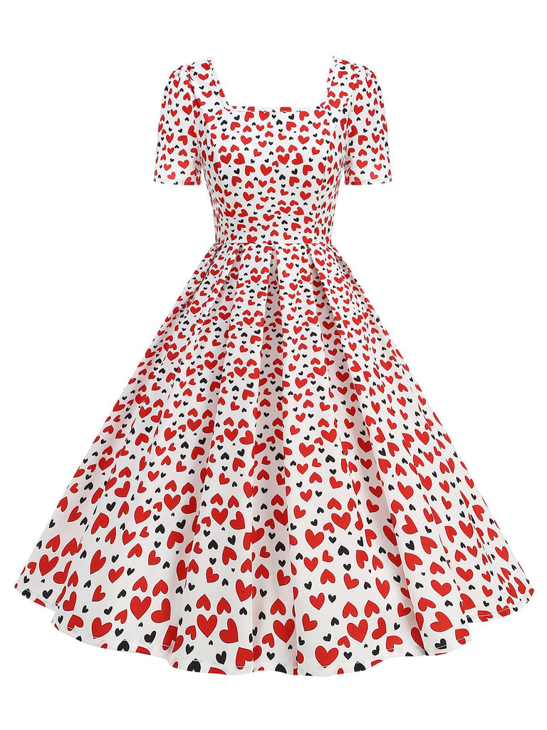 1950er Quadratischer Hals Herz Dots Kleid