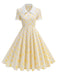 Beige 1950er Polka Dots Revers Tasten Kleid