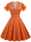 Orange 1950er V-Ausschnitt Herzen Swing Kleid