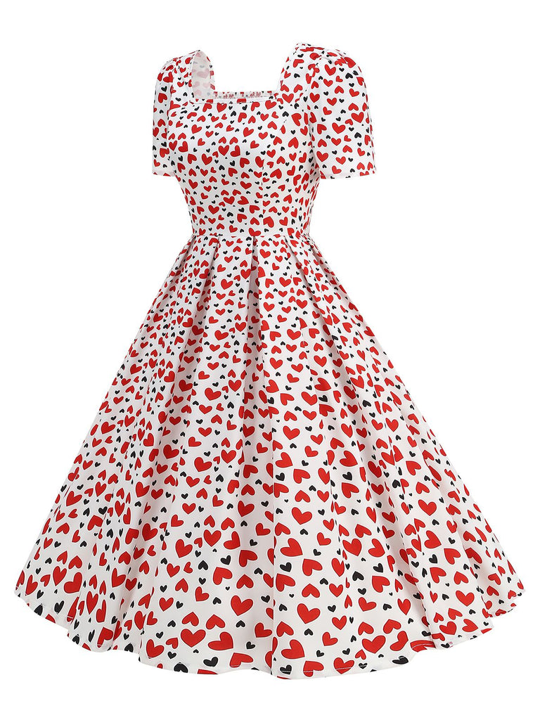 1950er Quadratischer Hals Herz Dots Kleid