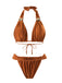 Braun 1970er Halter Gerüschtes Solide Bikini Set