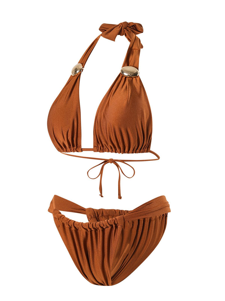 Braun 1970er Halter Gerüschtes Solide Bikini Set