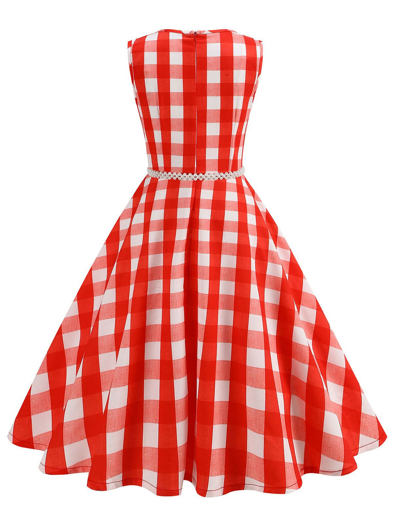 Rot 1950er Plaid Ärmellos Swing Kleid Mit Gürtel