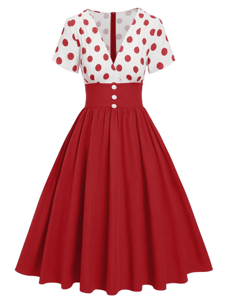 1950er V-Ausschnitt Polka Dots Swing Kleid