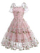 1950er Stickerei Blumen Netz Puffärmel Kleid
