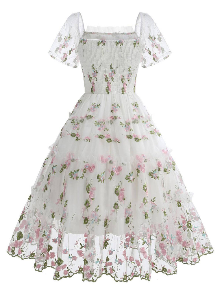 1950er Stickerei Blumen Netz Puffärmel Kleid