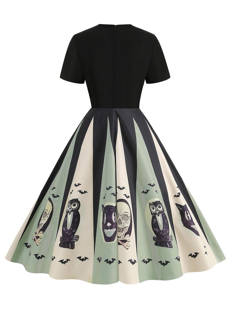 [Vorverkauf] Rot 1950er Halloween Spinnennetz Druck Patchwork Kleid