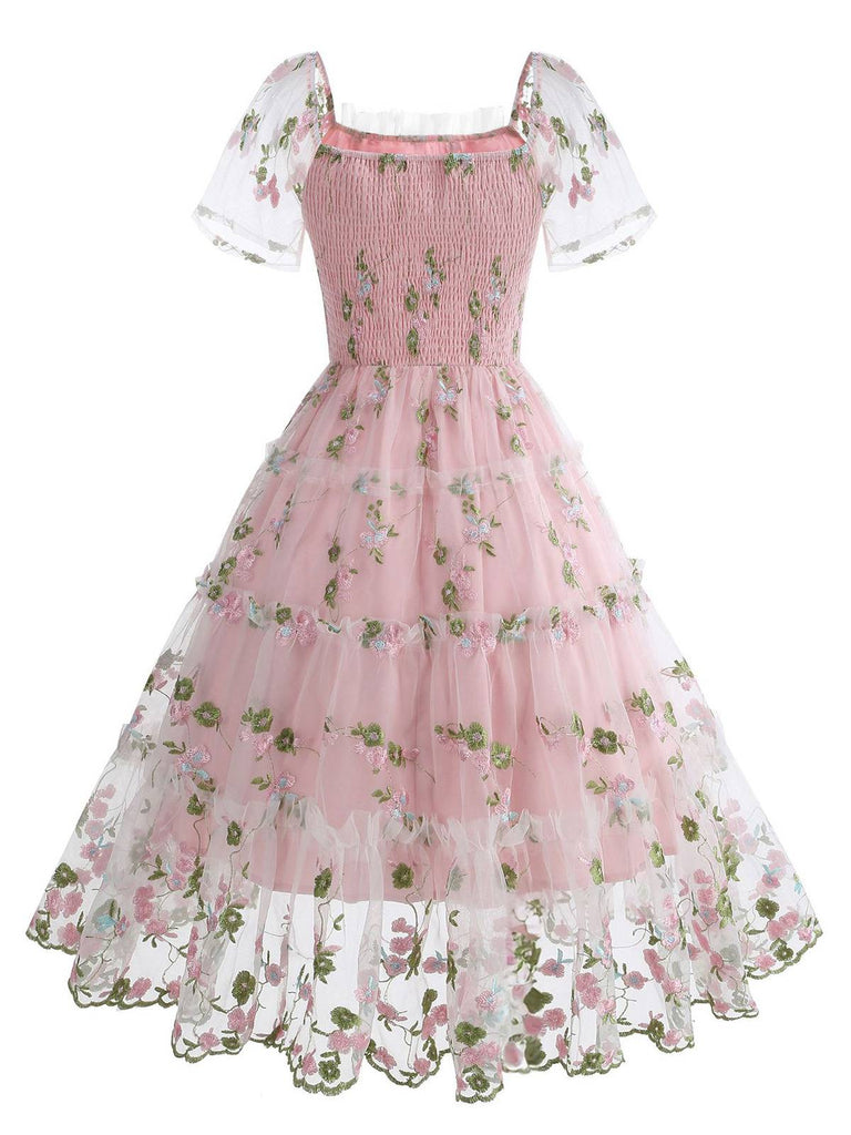 1950er Stickerei Blumen Netz Puffärmel Kleid