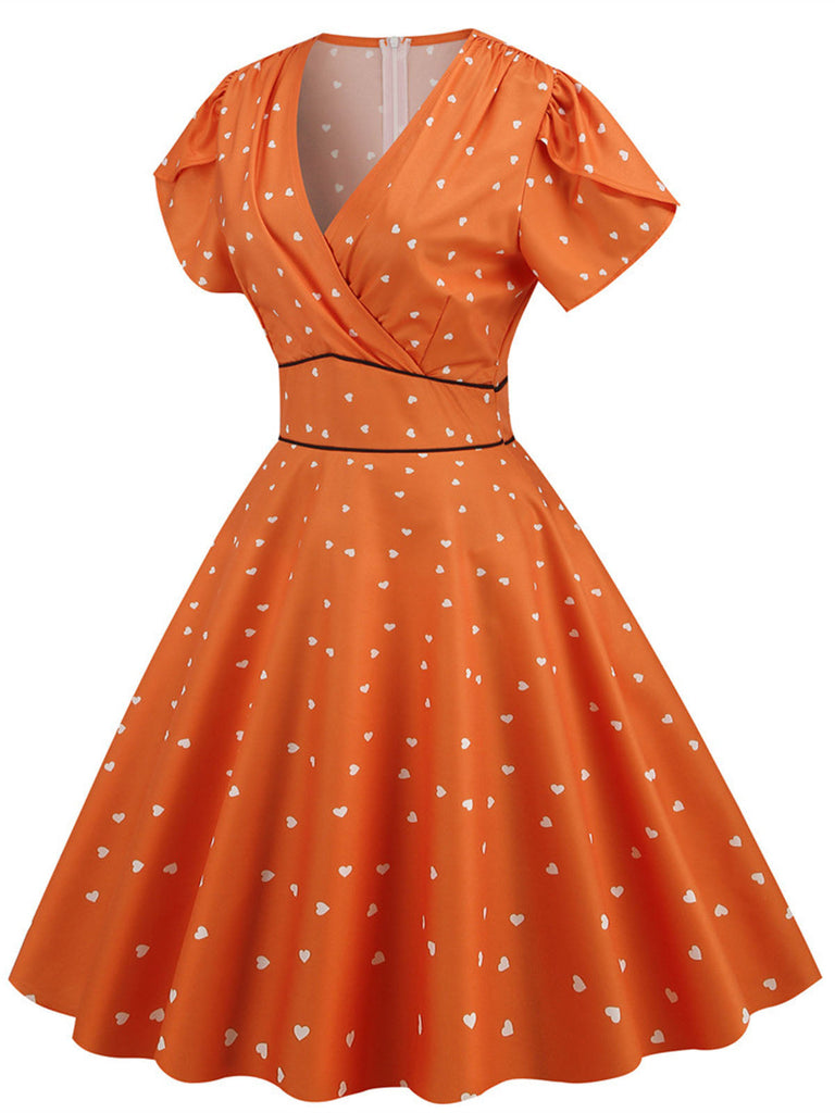 Orange 1950er V-Ausschnitt Herzen Swing Kleid