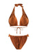 Braun 1970er Halter Gerüschtes Solide Bikini Set