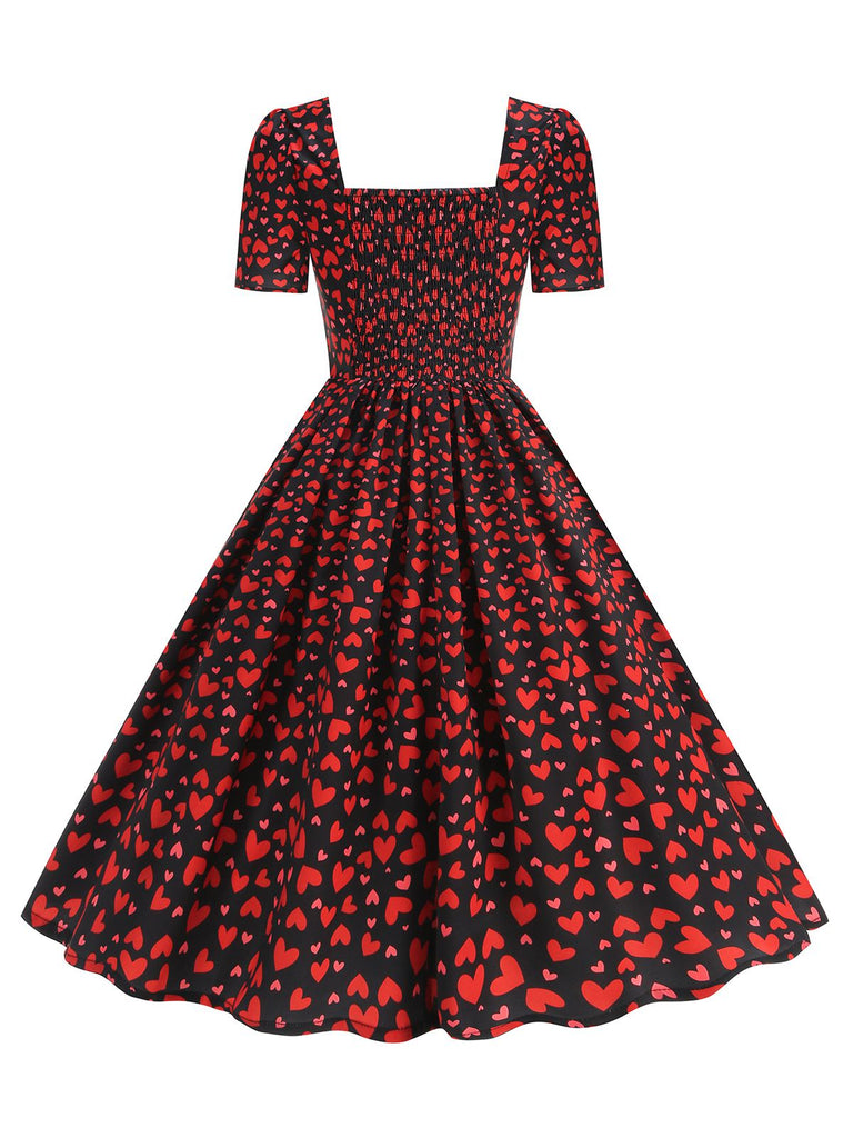 1950er Quadratischer Hals Herz Dots Kleid