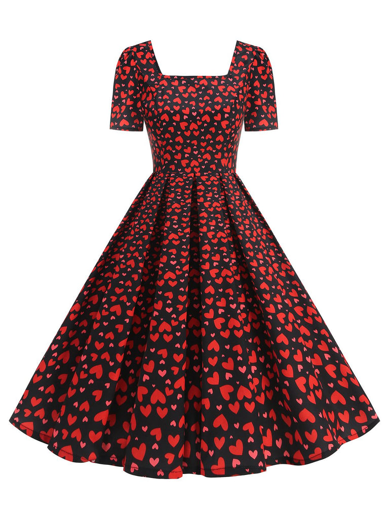 1950er Quadratischer Hals Herz Dots Kleid