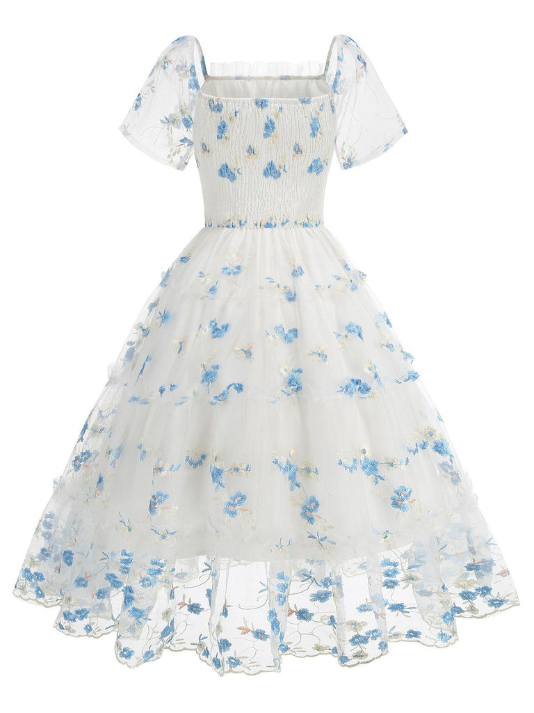 1950er Stickerei Blumen Netz Puffärmel Kleid