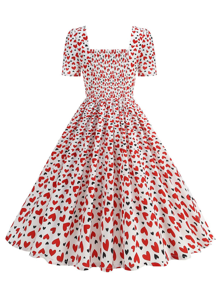 1950er Quadratischer Hals Herz Dots Kleid