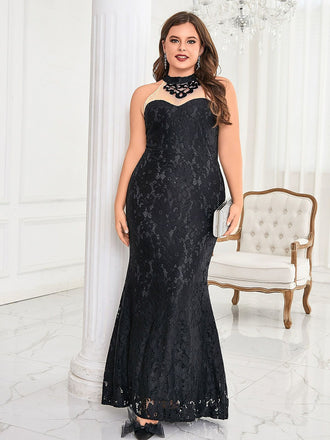 [Übergröße] Schwarz 1930er Spitze Patchwork Fischschwanz Abend Kleid