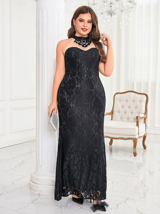 [Übergröße] Schwarz 1930er Spitze Patchwork Fischschwanz Abend Kleid