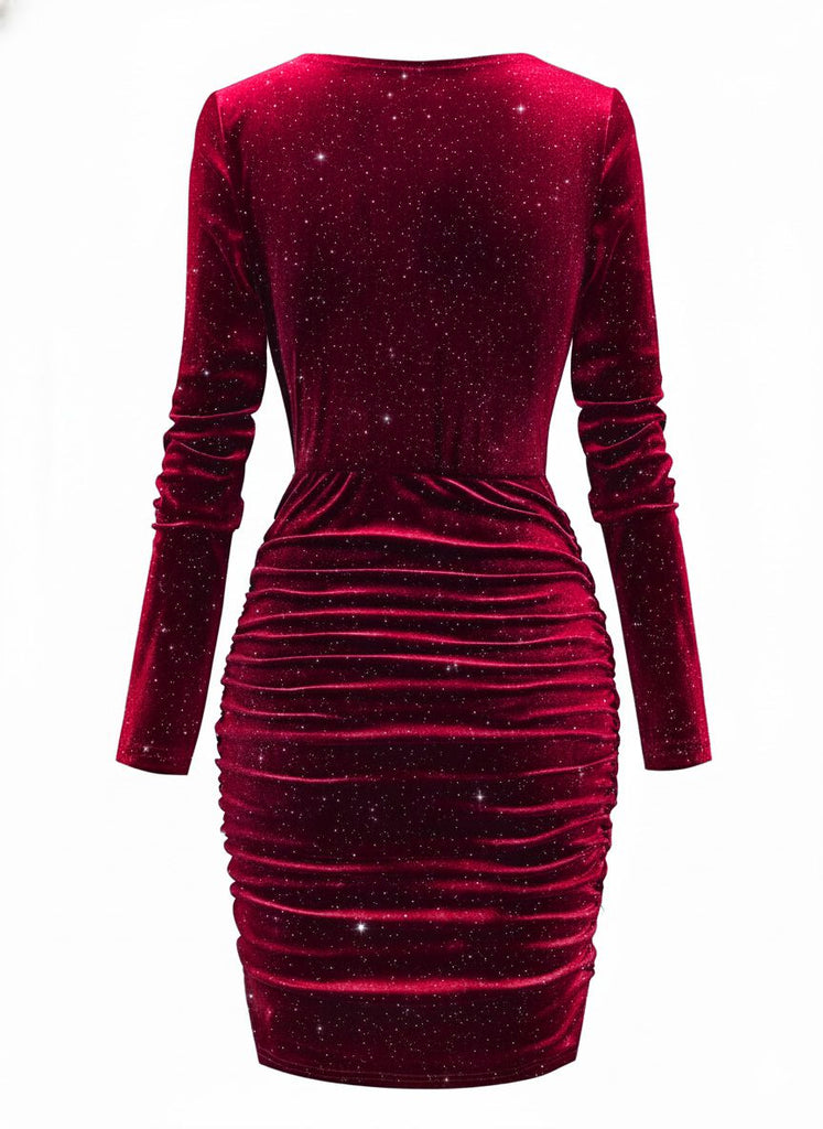 1960er Solide Samt Langarm Wasserfallausschnitt Kleid