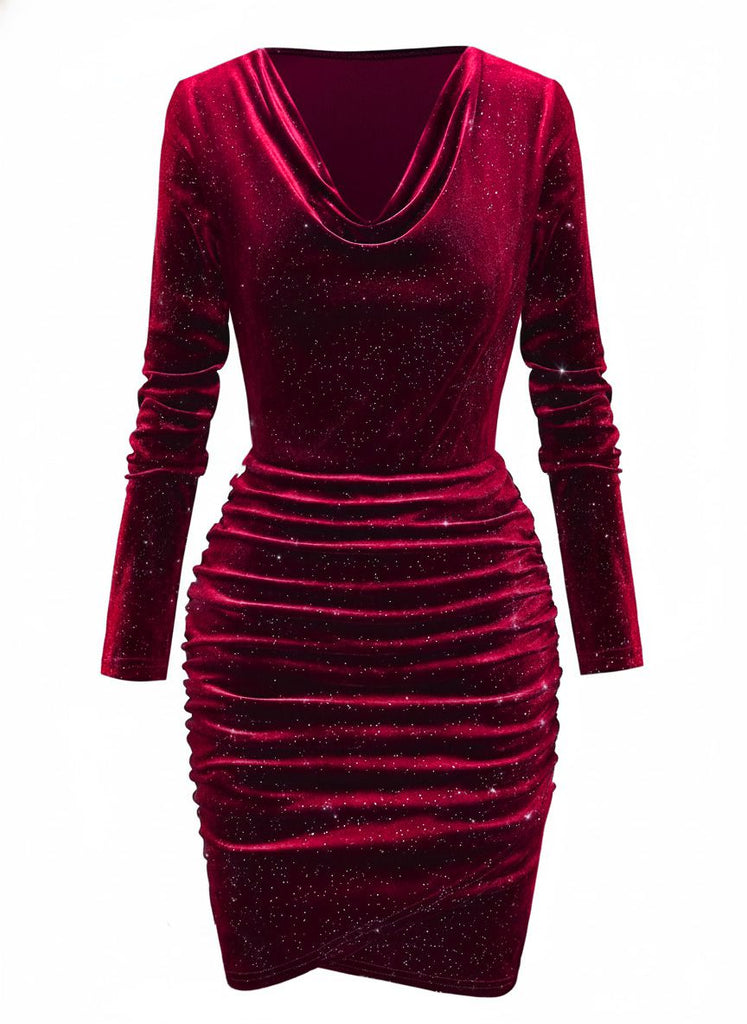 1960er Solide Samt Langarm Wasserfallausschnitt Kleid