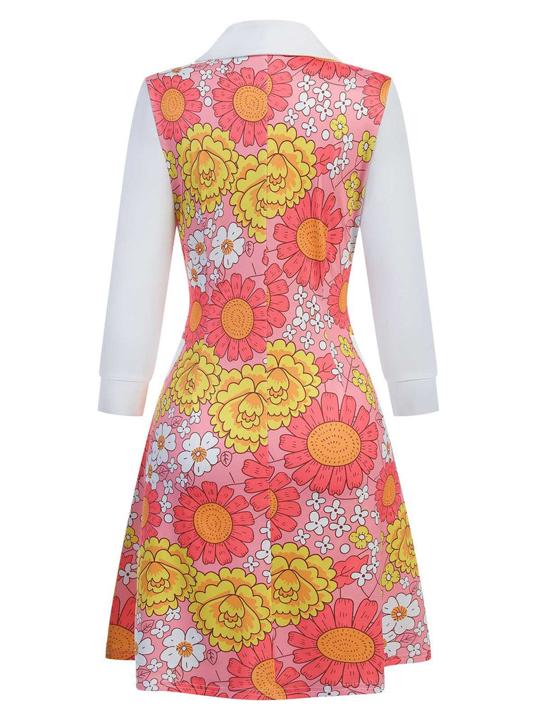 Orange 1960er Revers Blumen Patchwork Kleid