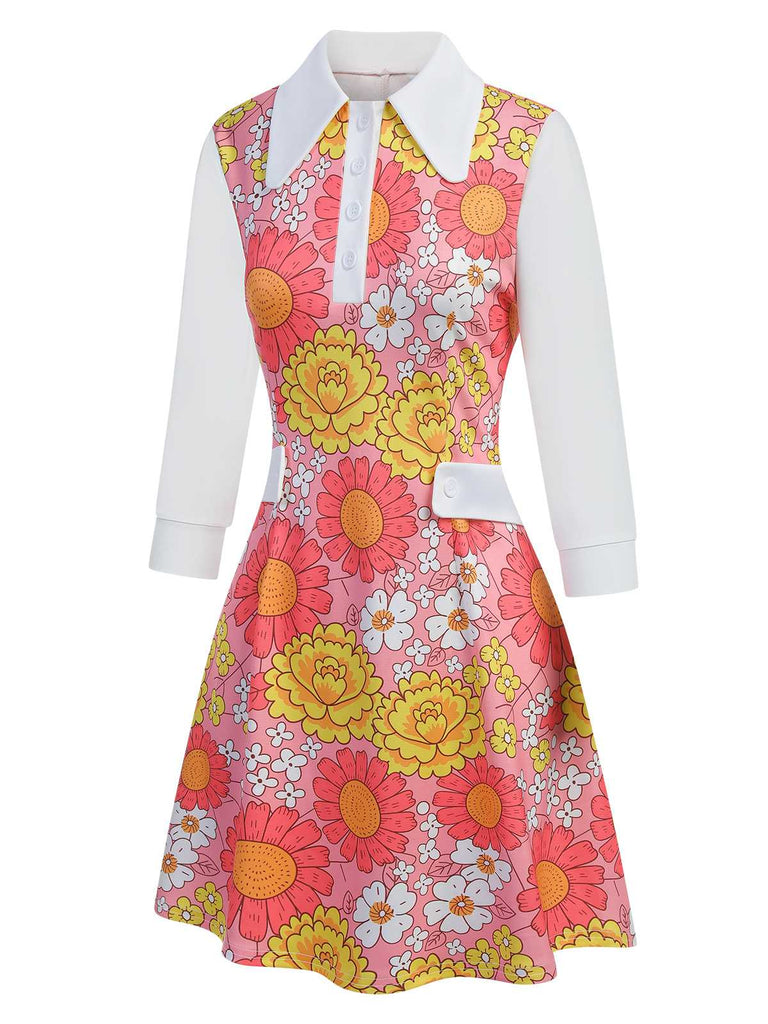 Rosa 1960er Revers Blumen Patchwork Kleid