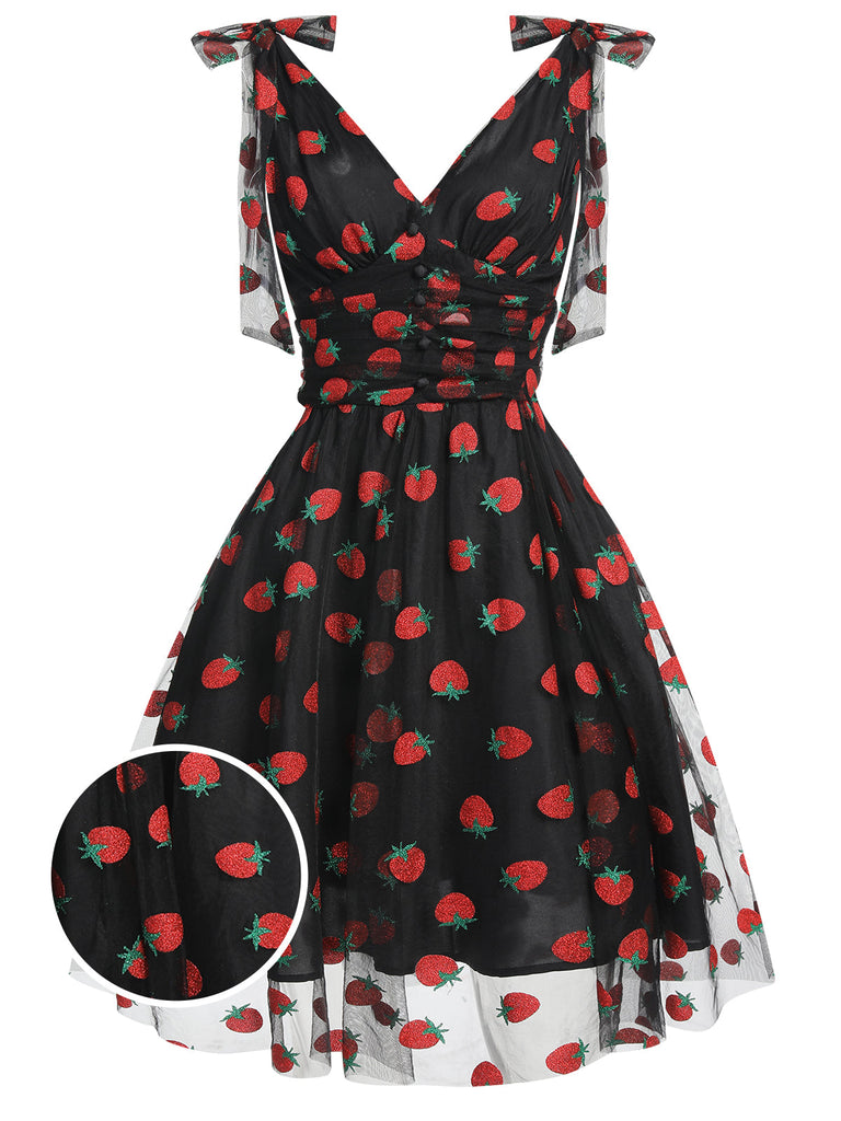 [Vorverkauf] Schwarz 1950er Erdbeer Netz Swing Kleid