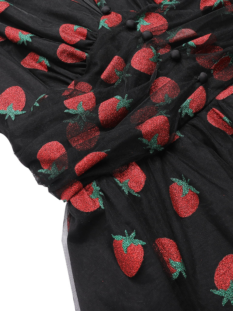 [Vorverkauf] Schwarz 1950er Erdbeer Netz Swing Kleid