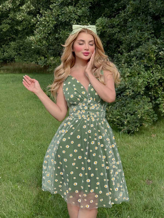 Grün 1950er Gänseblümchen Netz Swing Kleid