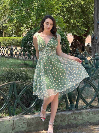 Grün 1950er Gänseblümchen Netz Swing Kleid